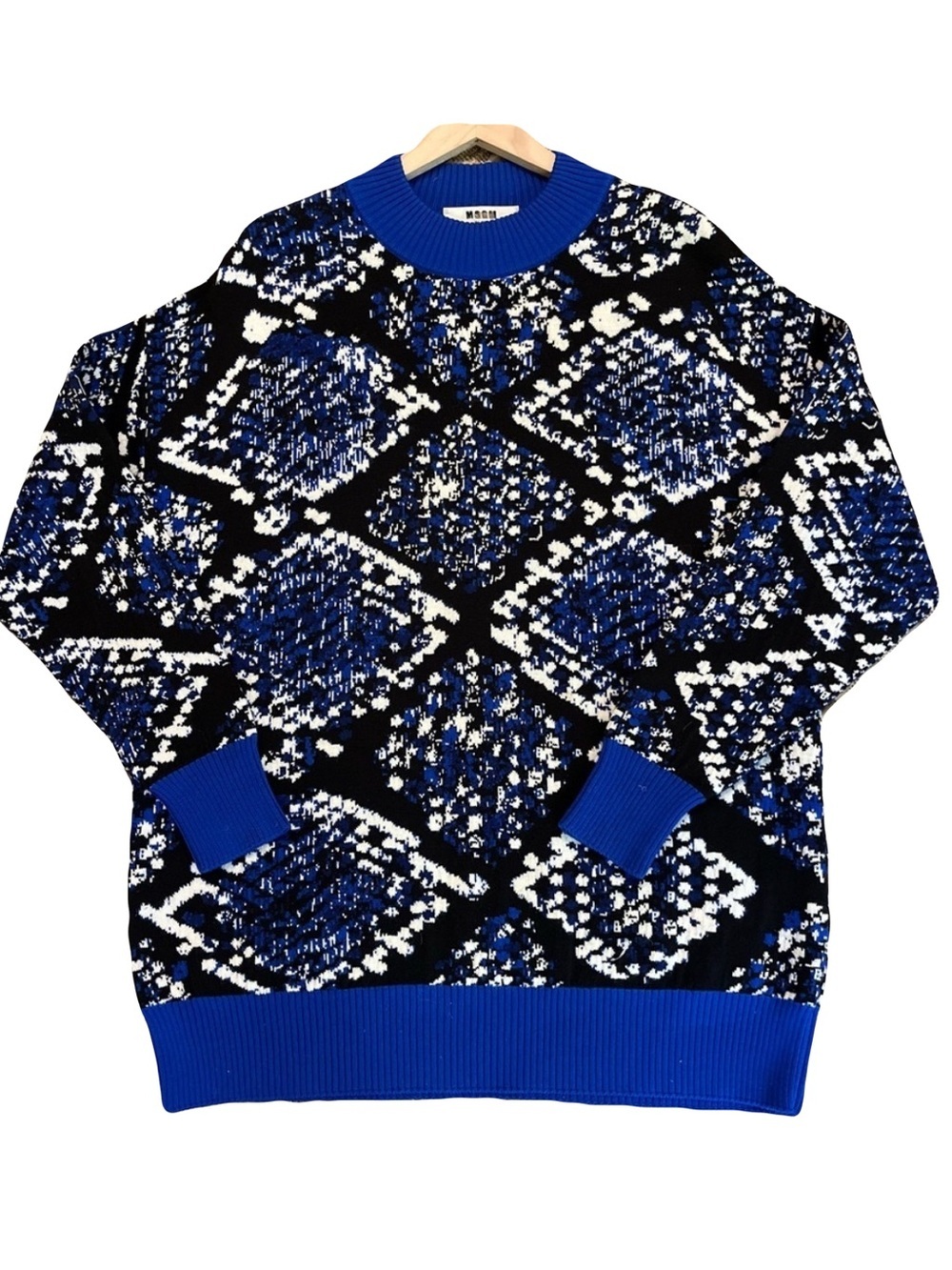 Msgm Sweater - Women's Medium Blue Black - Crewneck Python Knit Long Sleeved